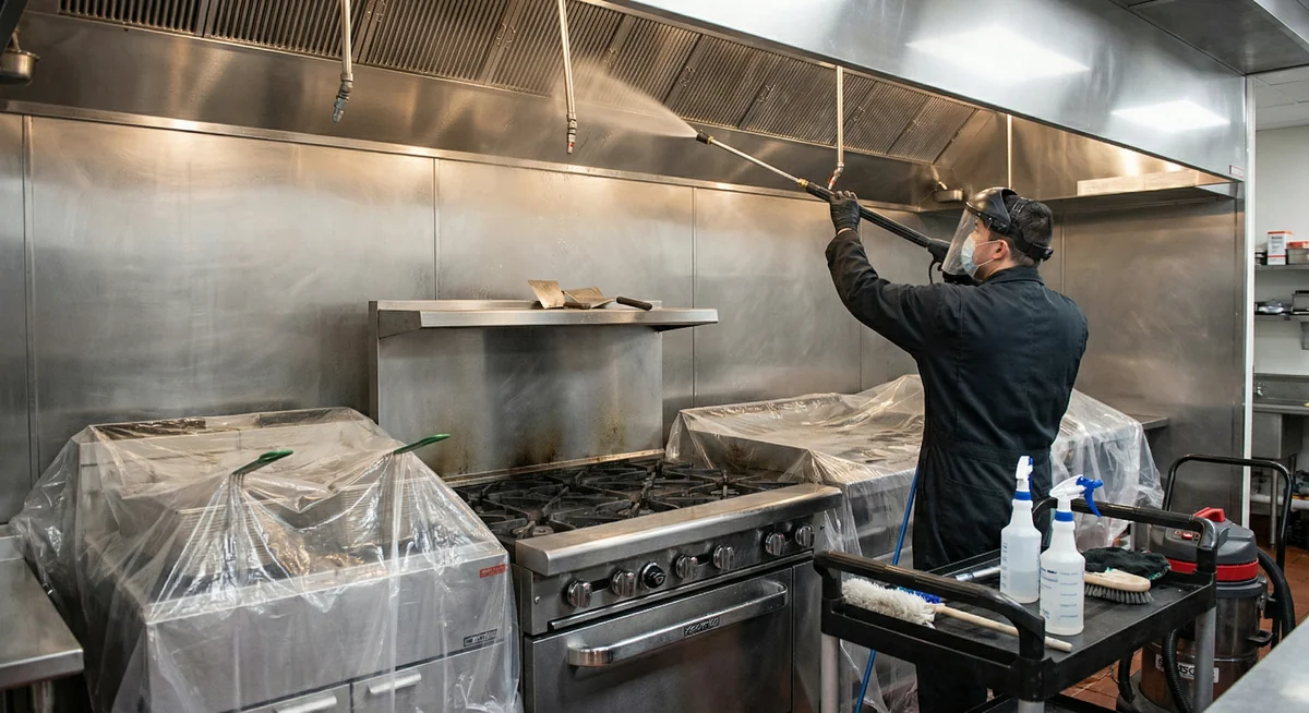 Professional hood cleaning technician servicing a restaurant exhaust system in Los Angeles