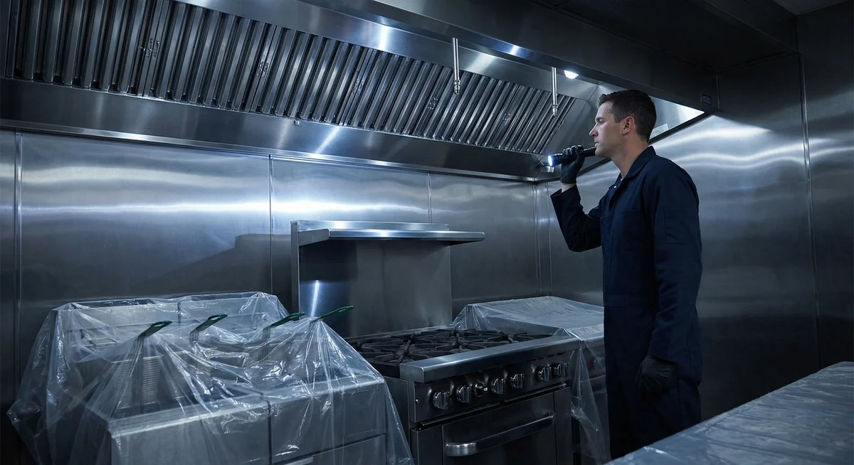 Before and after hood cleaning comparison showing grease removal results