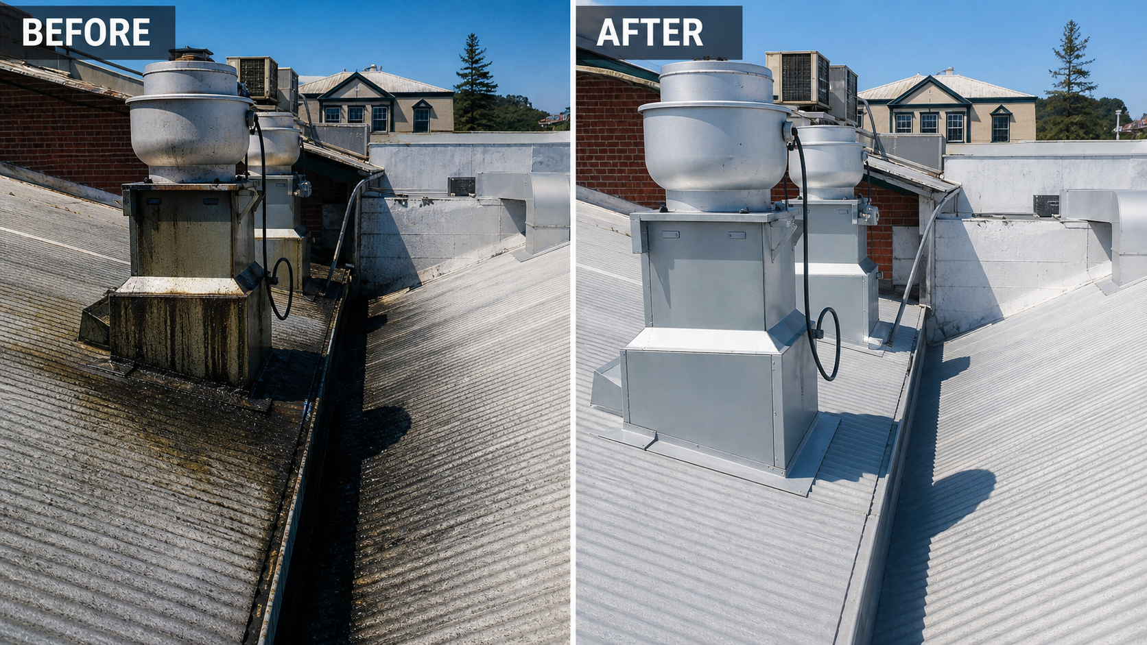 Before and after rooftop exhaust fan cleaning