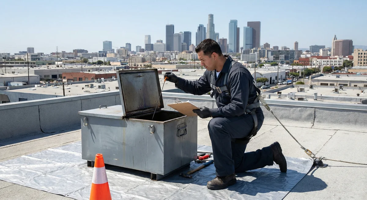 Rooftop grease containment system on an Los Angeles restaurant roof