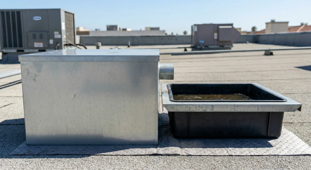 Close up of rooftop grease containment pads on a commercial kitchen fan